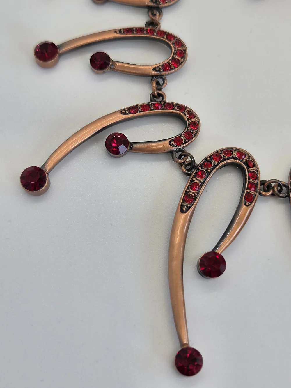 Red Crystal Crescent Drop Necklace and Earring Set, Copper Tone